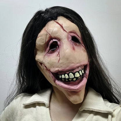 Masque Fantôme Femme en Latex - Bouche Fendue Cheveux Longs | Horreur Halloween