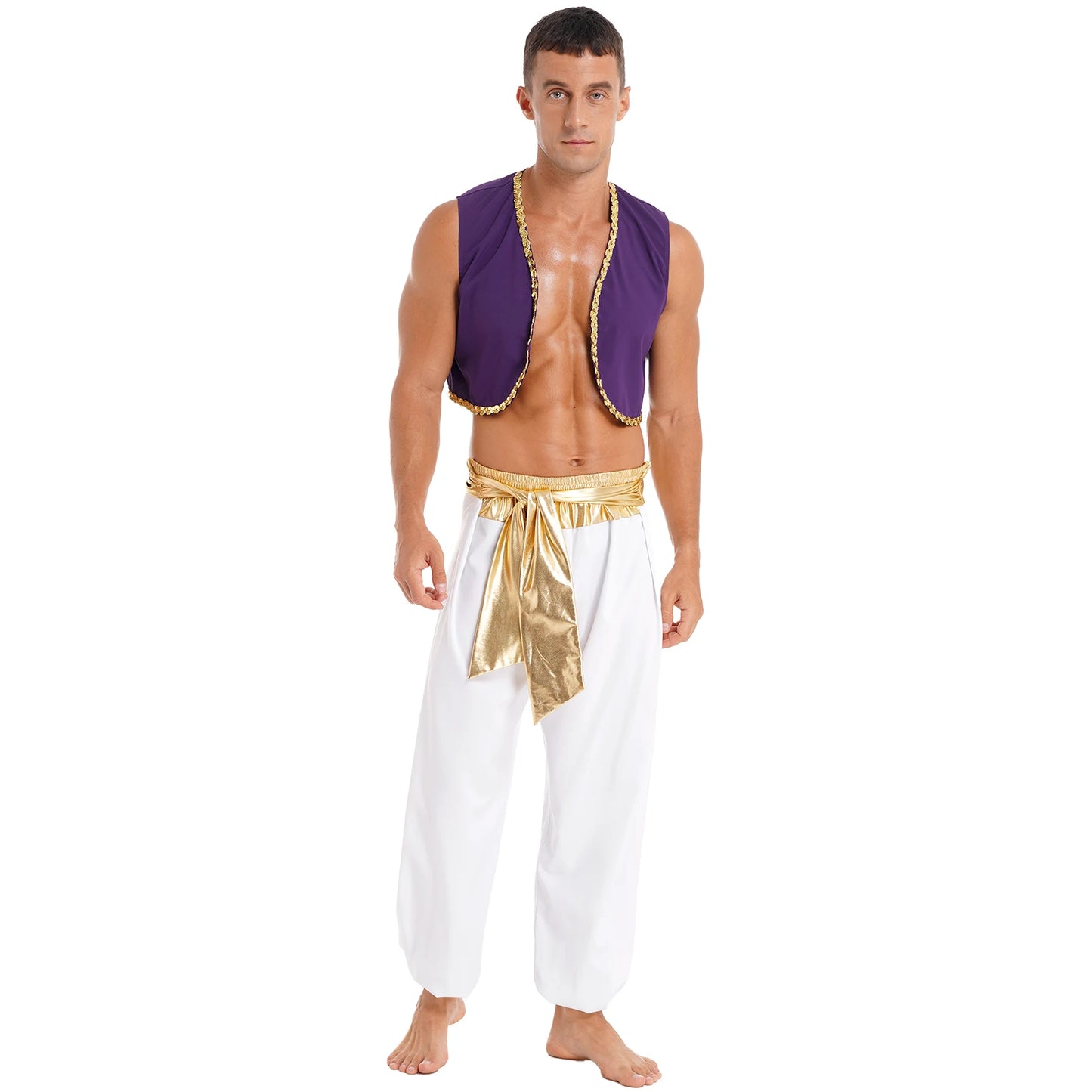 Déguisement Aladin Homme - Prince Arabe Cosplay - Gilet & Pantalon Harem - Halloween, Carnaval, Scène
