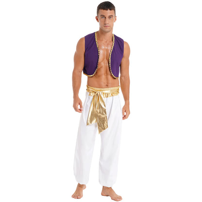Déguisement Aladin Homme - Prince Arabe Cosplay - Gilet & Pantalon Harem - Halloween, Carnaval, Scène