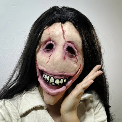Masque Fantôme Femme en Latex - Bouche Fendue Cheveux Longs | Horreur Halloween