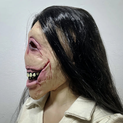 Masque Fantôme Femme en Latex - Bouche Fendue Cheveux Longs | Horreur Halloween