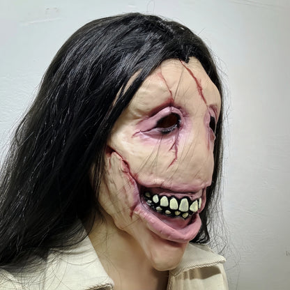 Masque Fantôme Femme en Latex - Bouche Fendue Cheveux Longs | Horreur Halloween