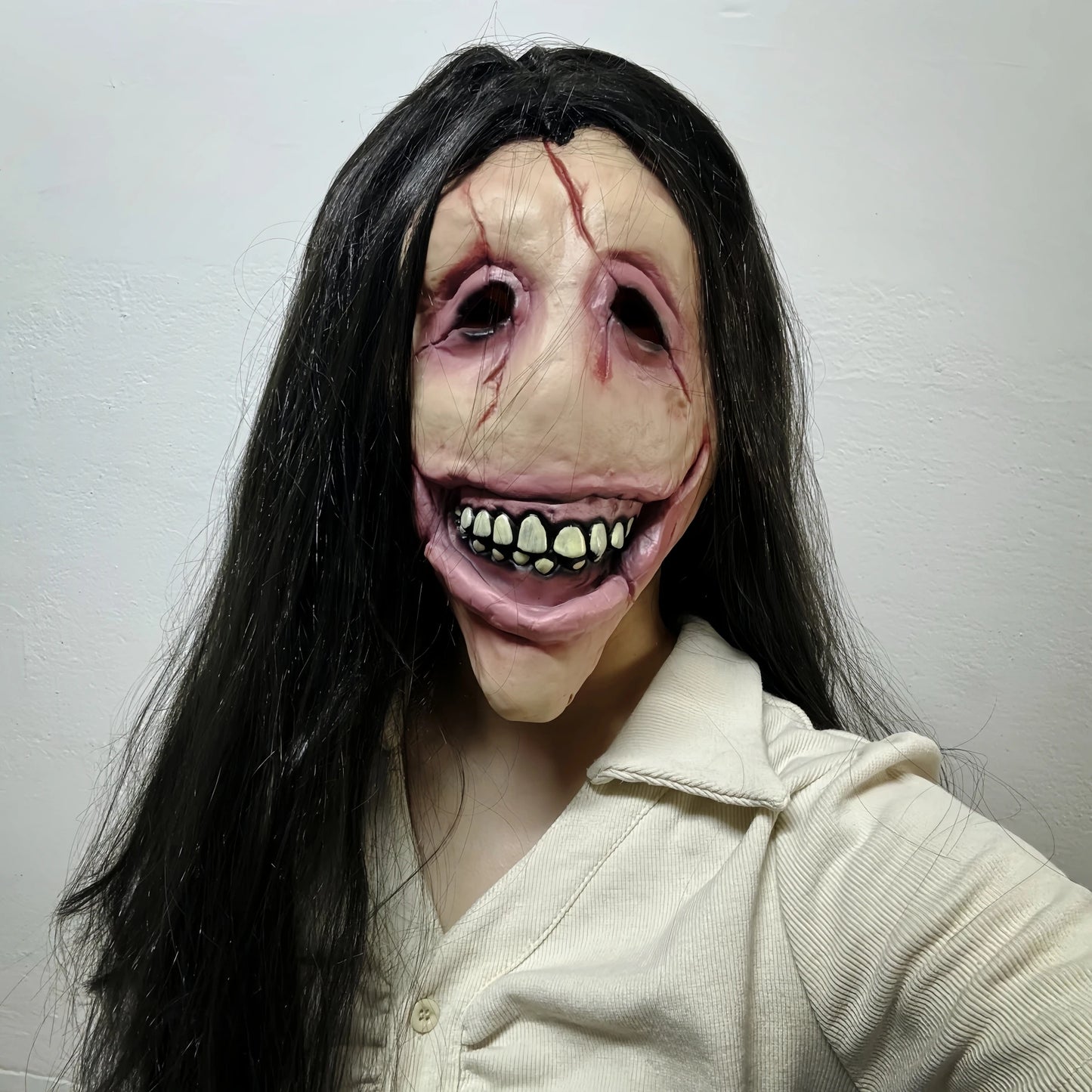 Masque Fantôme Femme en Latex - Bouche Fendue Cheveux Longs | Horreur Halloween