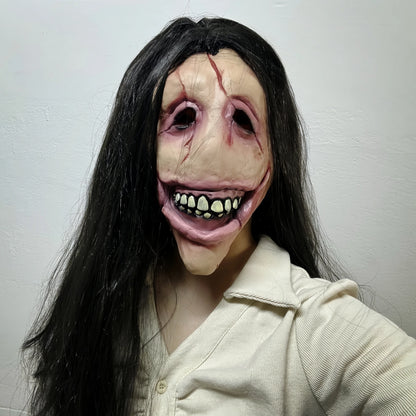 Masque Fantôme Femme en Latex - Bouche Fendue Cheveux Longs | Horreur Halloween