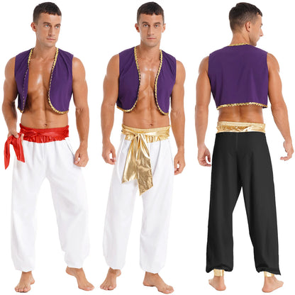 Déguisement Aladin Homme - Prince Arabe Cosplay - Gilet & Pantalon Harem - Halloween, Carnaval, Scène