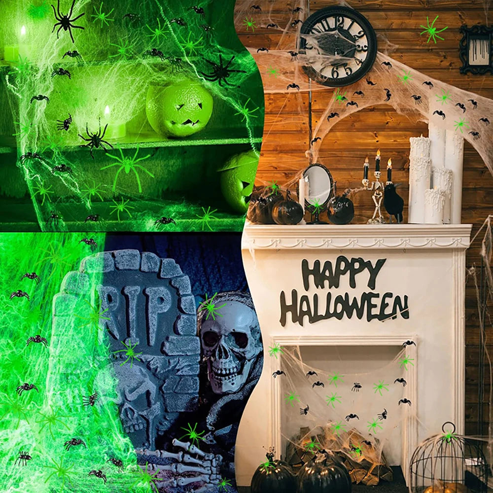 Toiles d'Araégnée Fluorescentes Halloween - Phosphorescentes dans le Noir - Décoration Horreur Extérieure