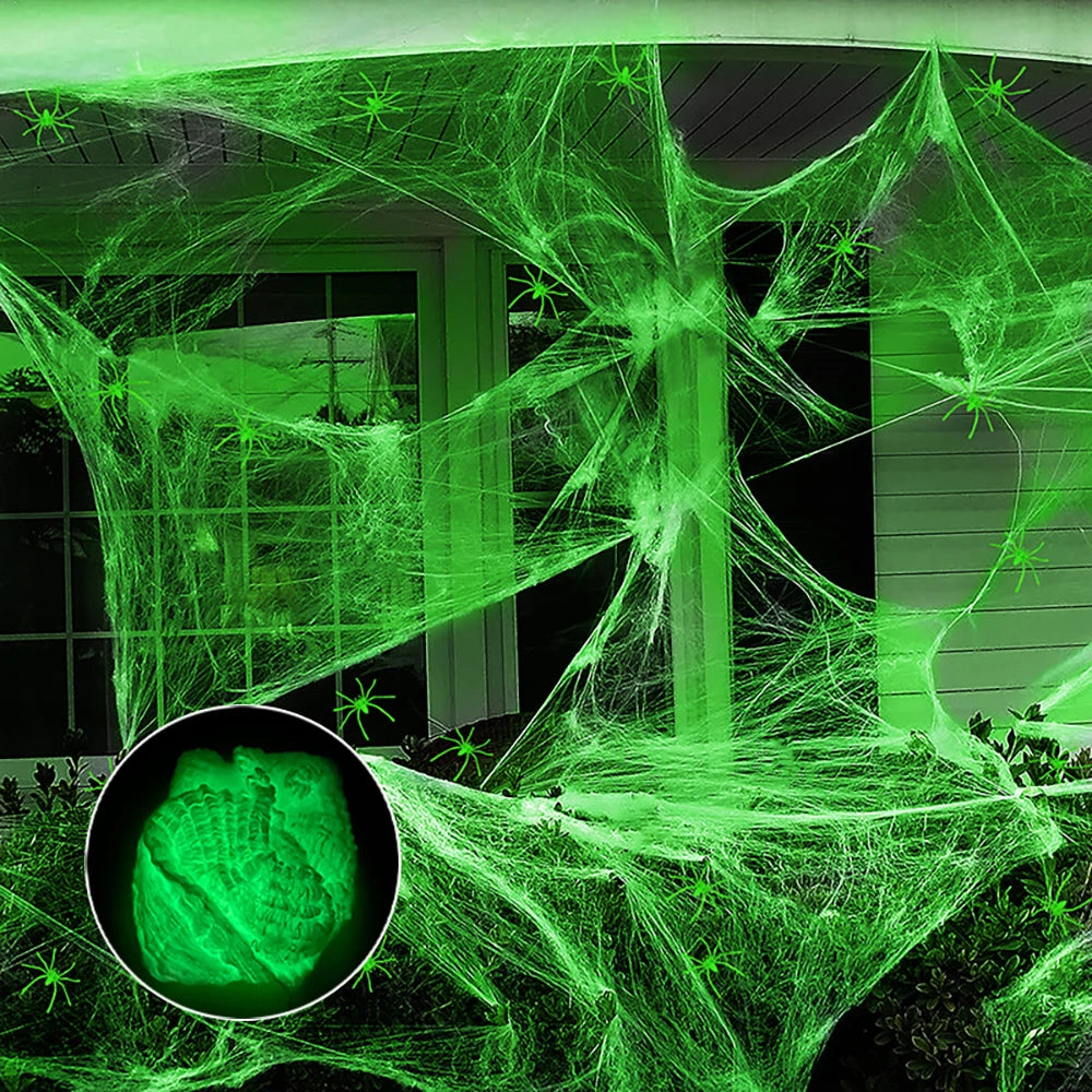 Toiles d'Araégnée Fluorescentes Halloween - Phosphorescentes dans le Noir - Décoration Horreur Extérieure