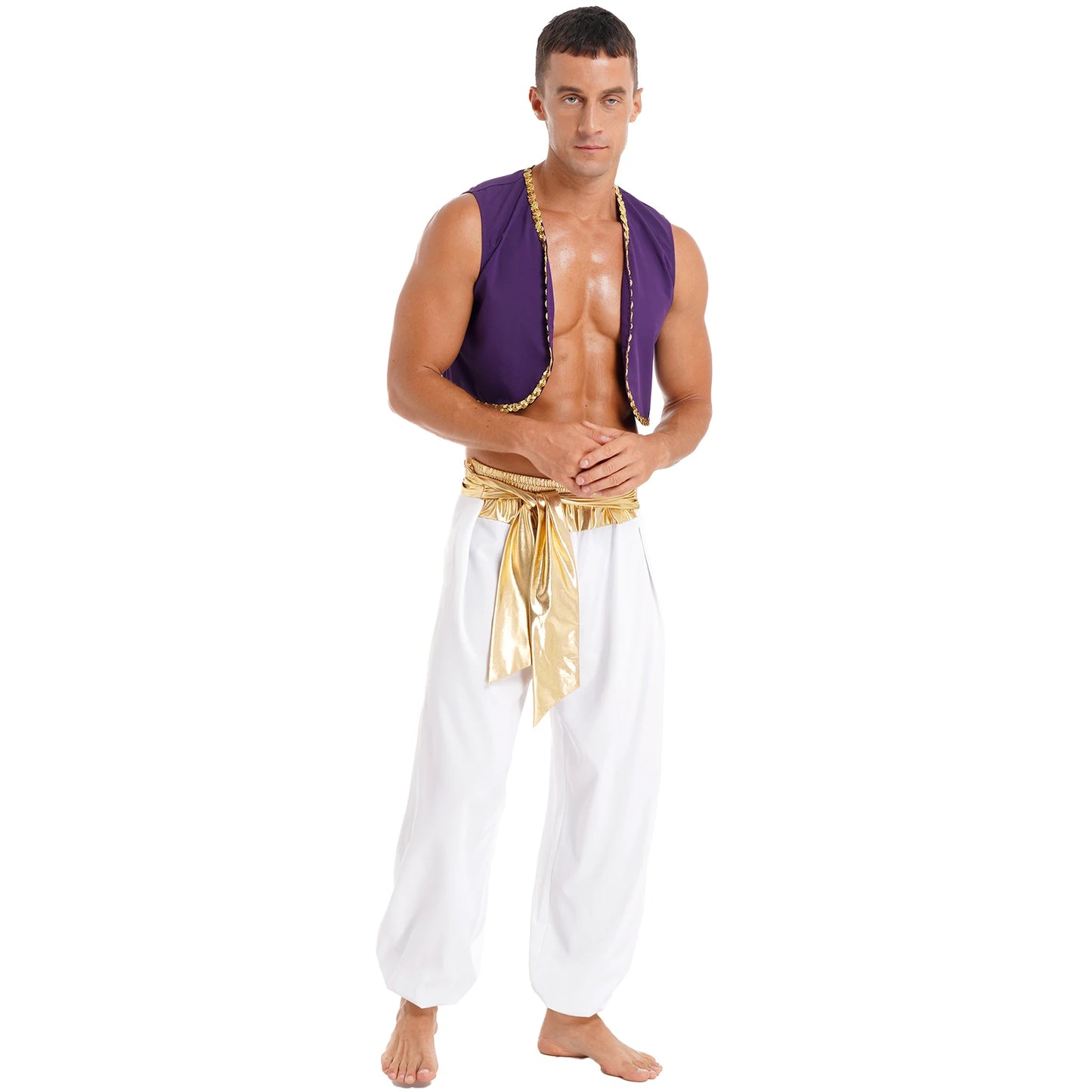 Déguisement Aladin Homme - Prince Arabe Cosplay - Gilet & Pantalon Harem - Halloween, Carnaval, Scène